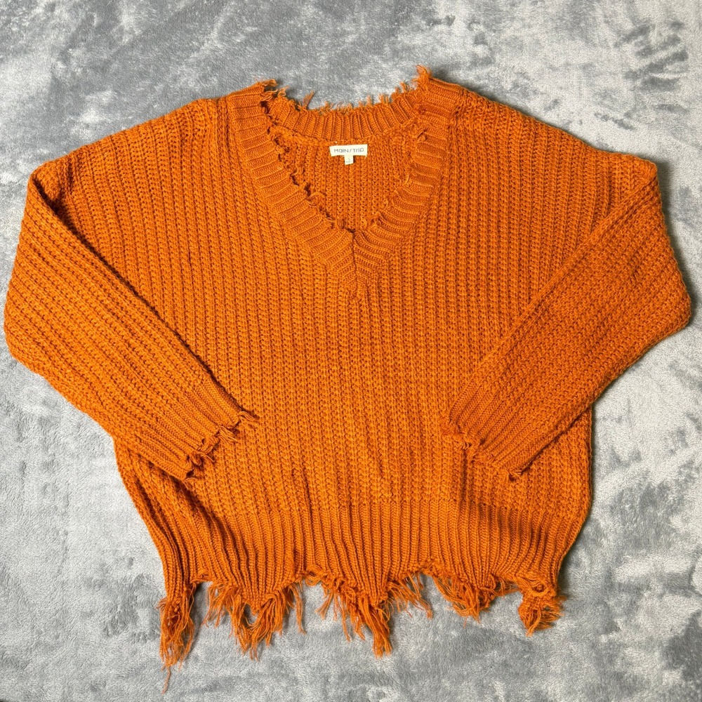 Main Strip SZ Small Burnt Orange Distressed V-Neck Chunky Rib Knit Sweater